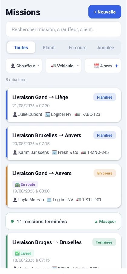 TransportPro : liste des missions avec filtres